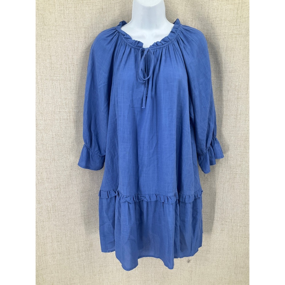 Umgee Dress Women S Blue Linen Boho Ruffle Tiered Oversized Coastal